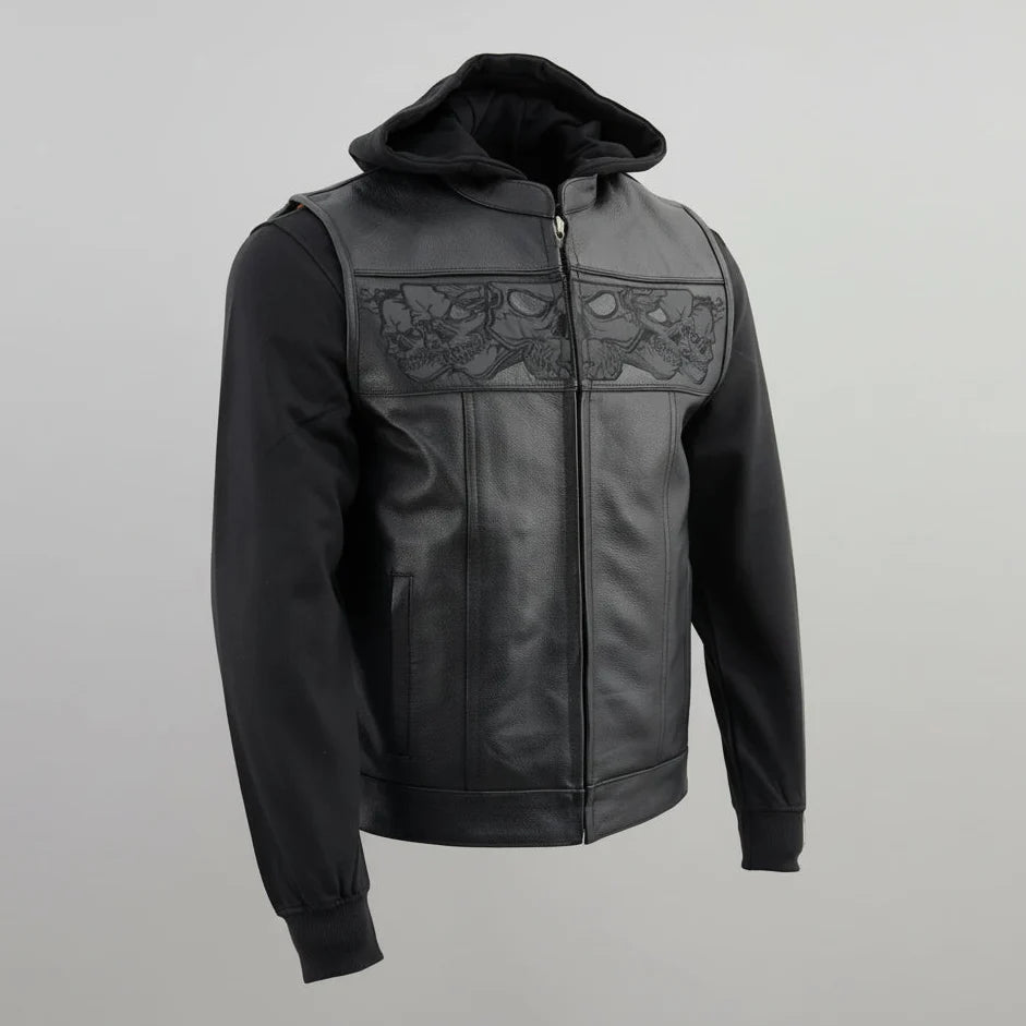 Milwaukee Leather Men's Black Leather Vest with Reflective Skulls & Full Hoodie Liner