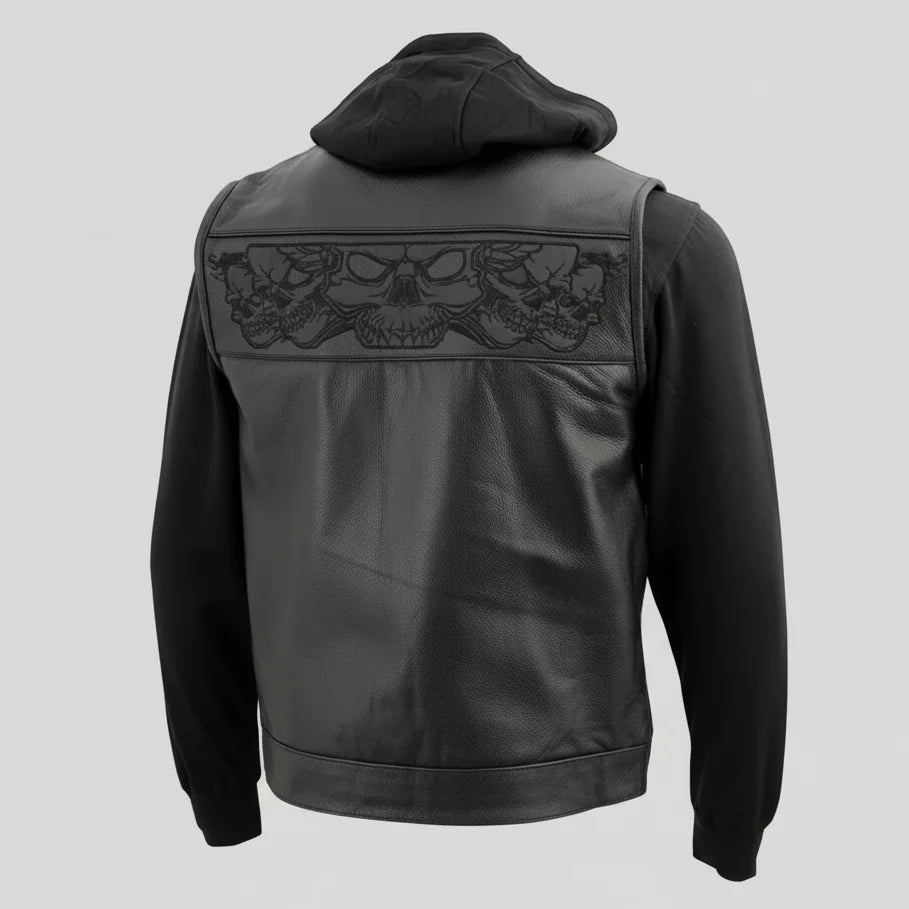 Milwaukee Leather Men's Black Leather Vest with Reflective Skulls & Full Hoodie Liner