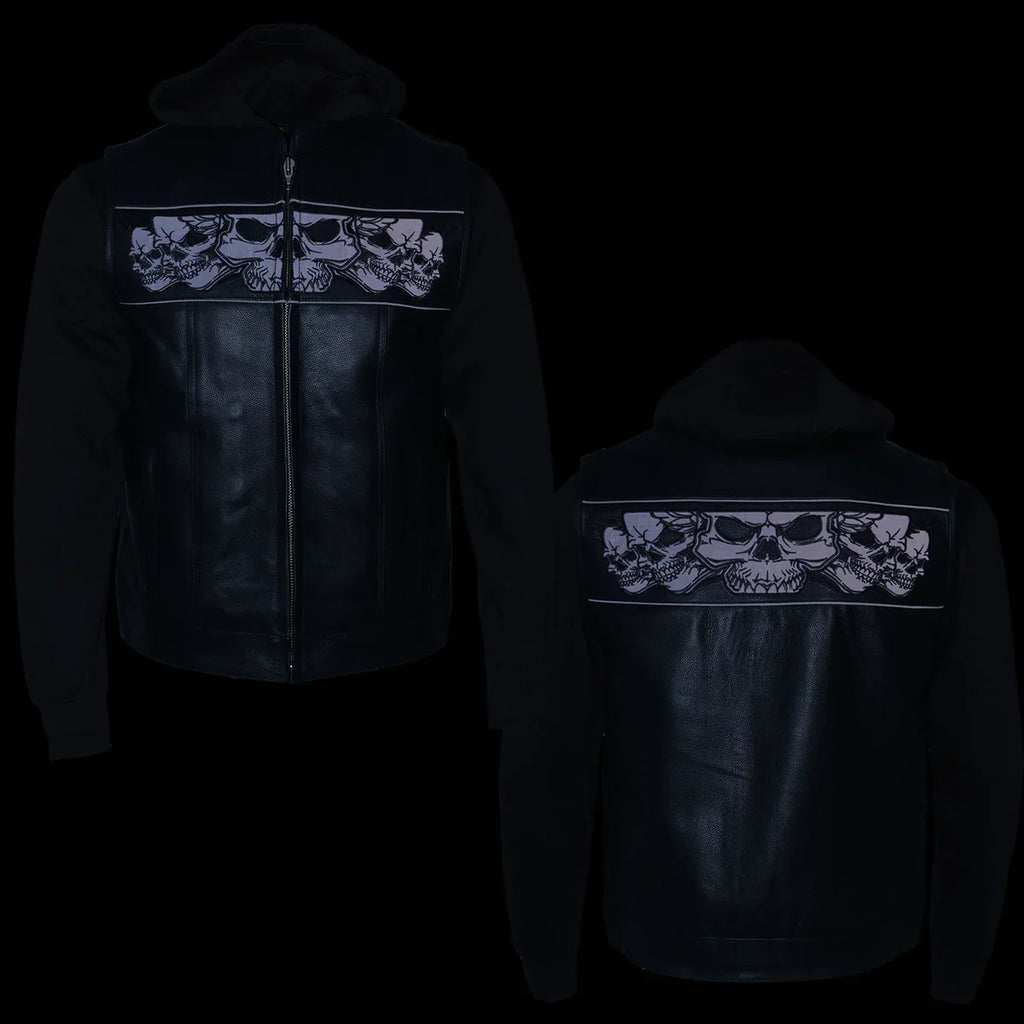 Milwaukee Leather Men's Black Leather Vest with Reflective Skulls & Full Hoodie Liner