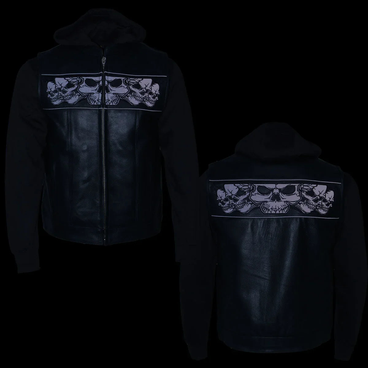 Milwaukee Leather Men's Black Leather Vest with Reflective Skulls & Full Hoodie Liner