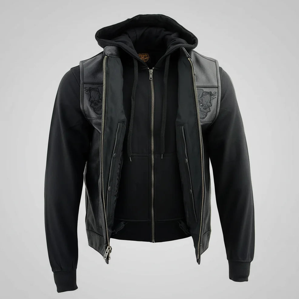 Milwaukee Leather Men's Black Leather Vest with Reflective Skulls & Full Hoodie Liner